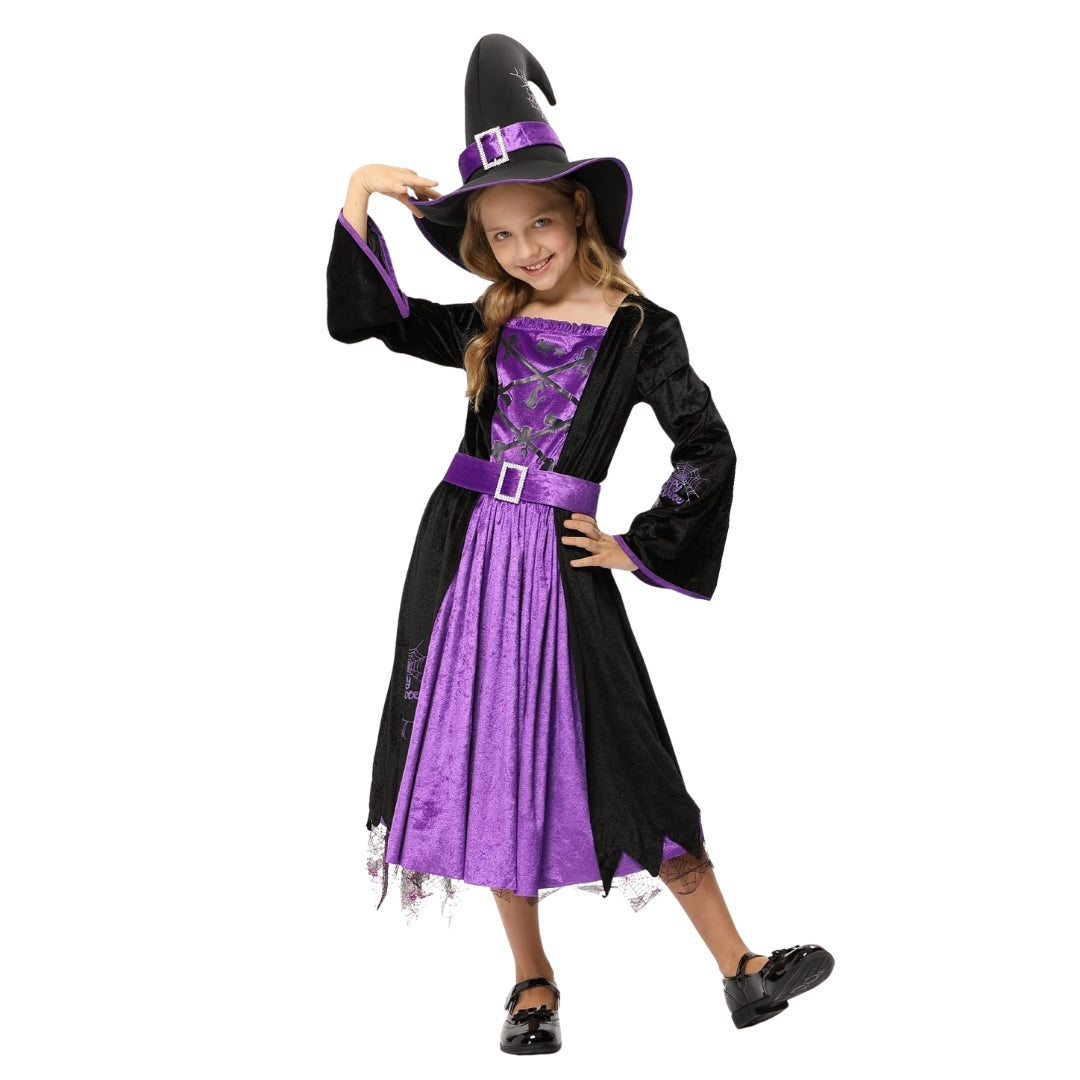 Witch Dress Black and Purple with Purple Waist Belt and Designer Black Witch Hat with Purple Spider Print - Size S - Age 3 to 5 Years