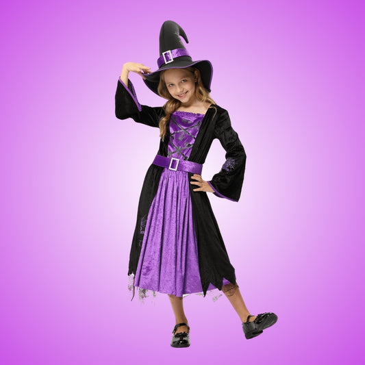 Witch Dress Black and Purple with Purple Waist Belt and Designer Black Witch Hat with Purple Spider Print - Size S - Age 3 to 5 Years