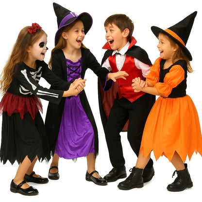 Witch Dress Black and Purple with Purple Waist Belt and Designer Black Witch Hat with Purple Spider Print - Size S - Age 3 to 5 Years