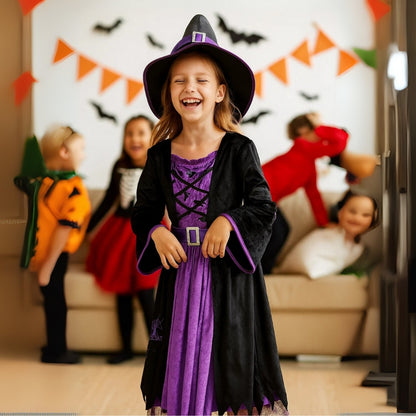 Witch Dress Black and Purple with Purple Waist Belt and Designer Black Witch Hat wtih Purple Spider Print - Size M - Age 5 to 7 Years