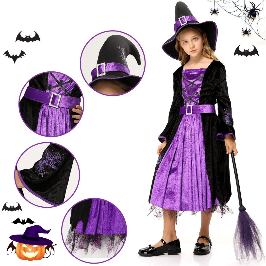 Witch Dress Black and Purple with Purple Waist Belt and Designer Black Witch Hat wtih Purple Spider Print - Size L - Age 7 to 9 Years