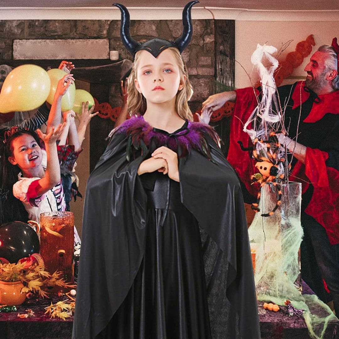 Maleficient Costume with Black Leathery Vest, Black Capes with Black and Purple Feathers and Black Maleficient Glittery Headband - Size L - Age 8 to 10