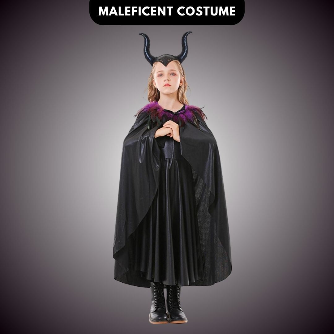 Maleficient Costume with Black Leathery Vest, Black Capes with Black and Purple Feathers and Black Maleficient Glittery Headband - Size L - Age 8 to 10