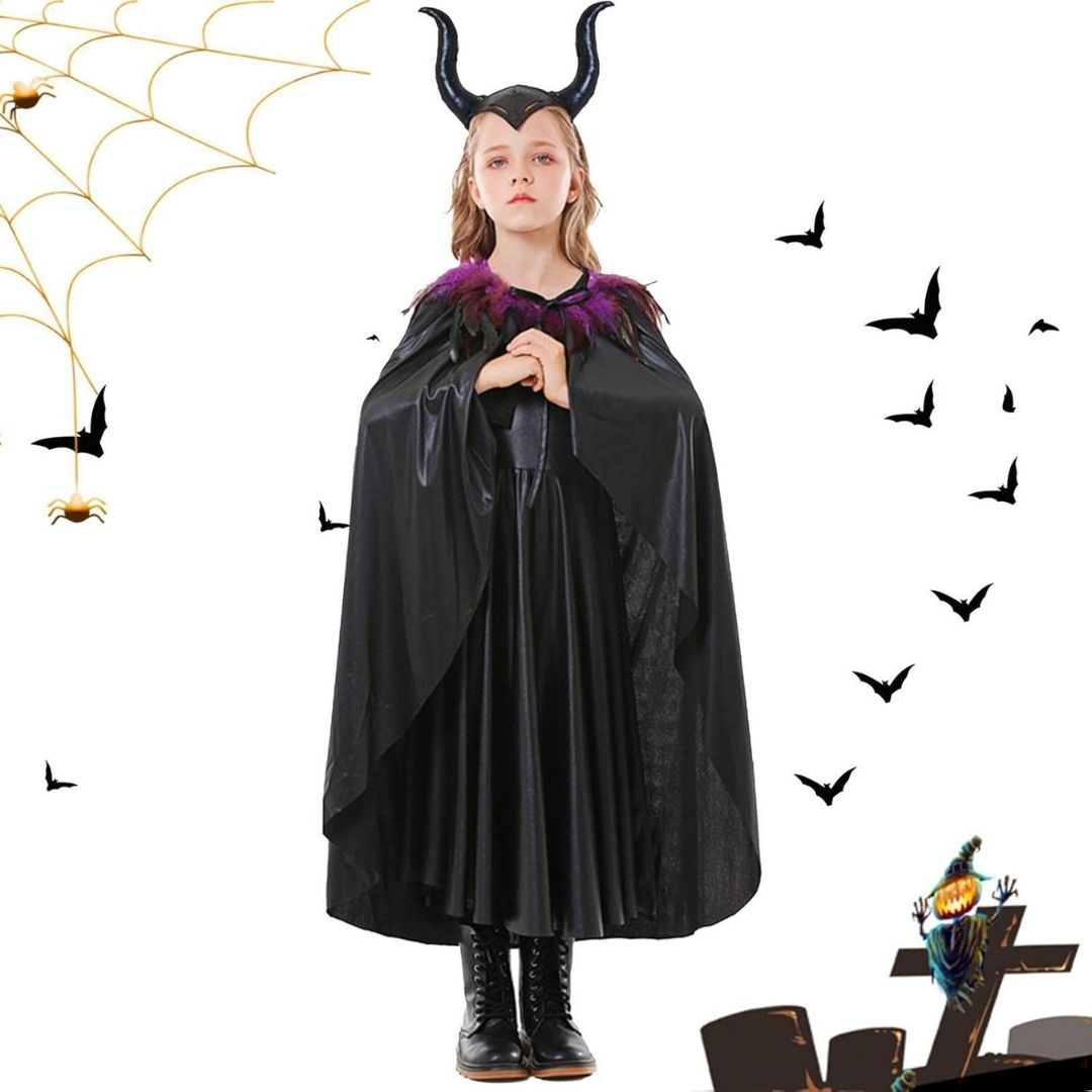 Maleficient Costume with Black Leathery Vest, Black Capes with Black and Purple Feathers and Black Maleficient Glittery Headband - Size L - Age 8 to 10