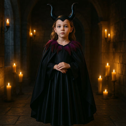 Maleficient Costume with Black Leathery Vest, Black Capes with Black and Purple Feathers and Black Maleficient Glittery Headband - Size L - Age 8 to 10