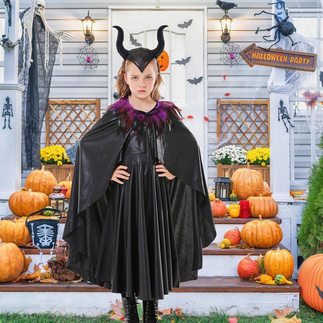 Maleficient Costume with Black Leathery Vest, Black Capes with Black and Purple Feathers and Black Maleficient Glittery Headband - Size L - Age 8 to 10