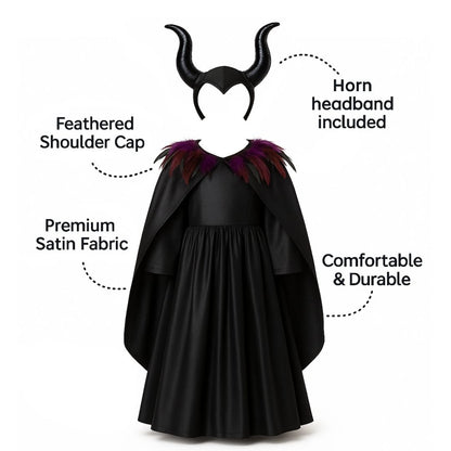 Maleficient Costume with Black Leathery Vest, Black Capes with Black and Purple Feathers and Black Maleficient Glittery Headband - Size XL - Age 10 to 12