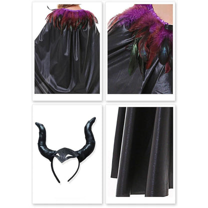 Maleficient Costume with Black Leathery Vest, Black Capes with Black and Purple Feathers and Black Maleficient Glittery Headband - Size L - Age 8 to 10