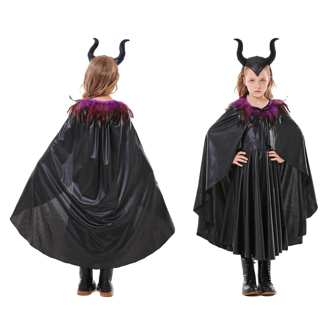 Maleficient Costume with Black Leathery Vest, Black Capes with Black and Purple Feathers and Black Maleficient Glittery Headband - Size XL - Age 10 to 12
