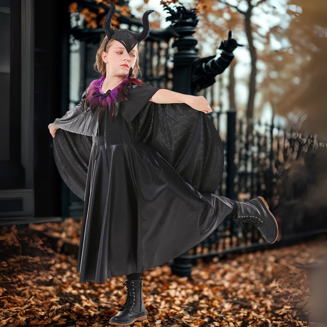 Maleficient Costume with Black Leathery Vest, Black Capes with Black and Purple Feathers and Black Maleficient Glittery Headband - Size L - Age 8 to 10