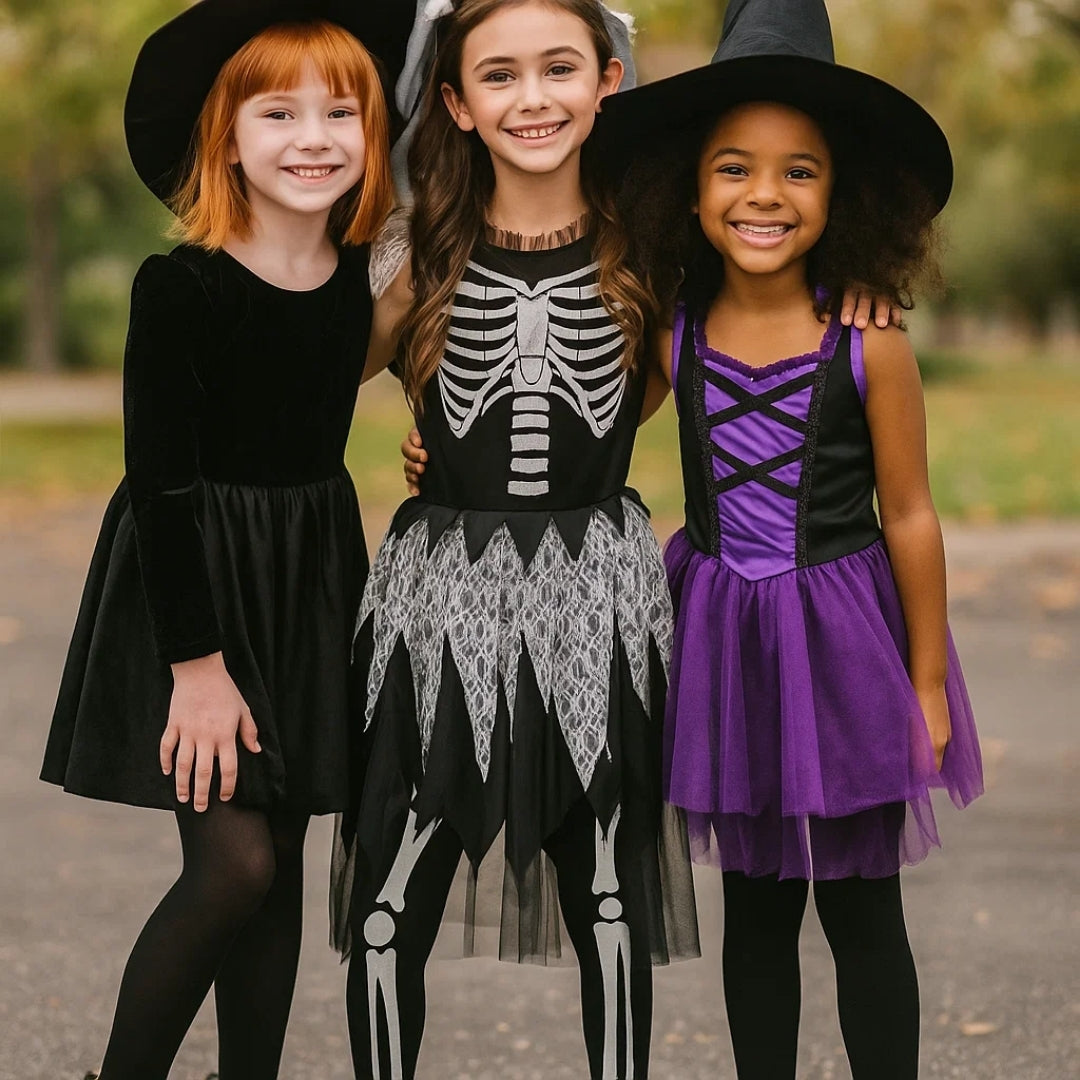 Sassy Skeleton Jumpsuit Costume with Tutu and Floral Headband with White Veil - Size S - Age 3 to 5