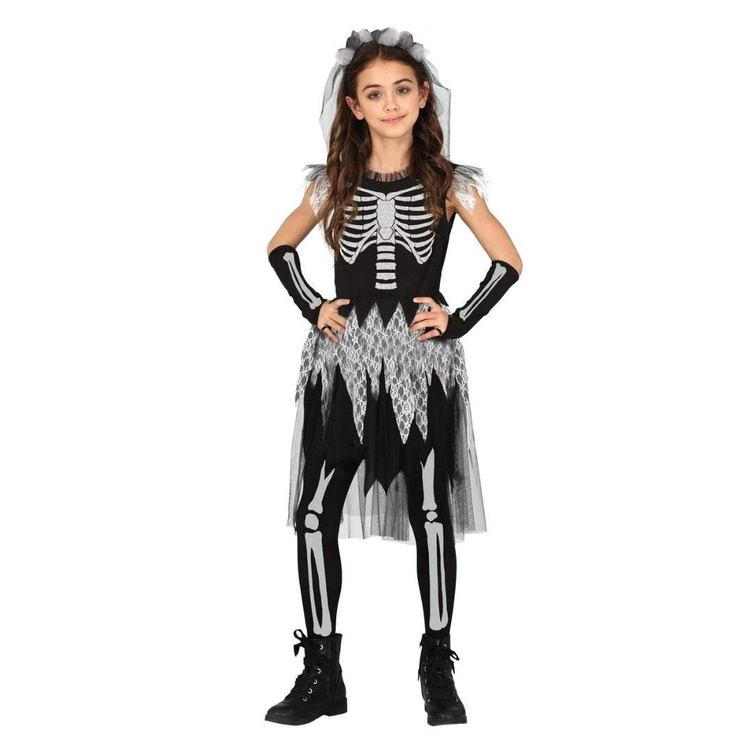 Sassy Skeleton Jumpsuit Costume with  Tutu and Floral Headband with White Veil - Size M - Age 5 to 7