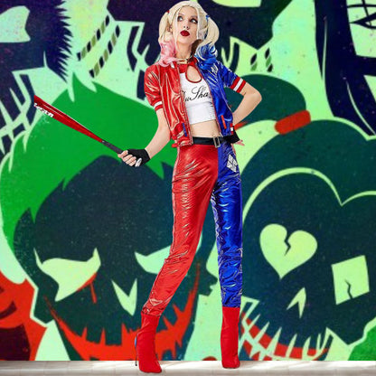 Harley Quinn Red & Blue Adult Costume with Jacket, Pants and Sleevless Tees - Size L
