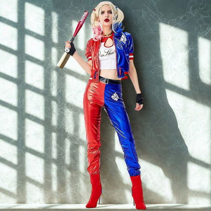 Harley Quinn Red & Blue Adult Costume with Jacket, Pants and Sleevless Tees - Size L
