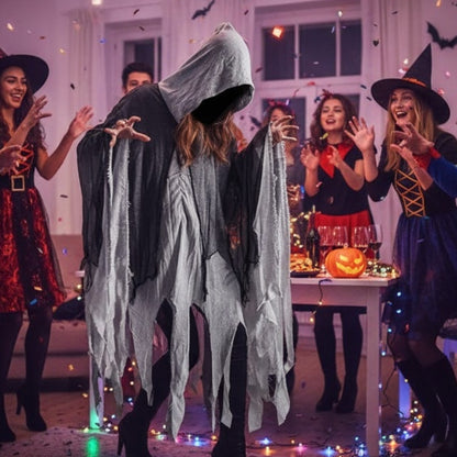 Black & White Net Ghost Poncho with Hood -  Free Size