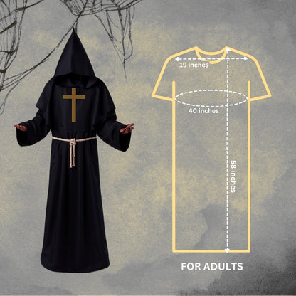 Friar Medieval Hooded Monk Priest Adult Robe Costume with Cross Sign and Rope - Size L
