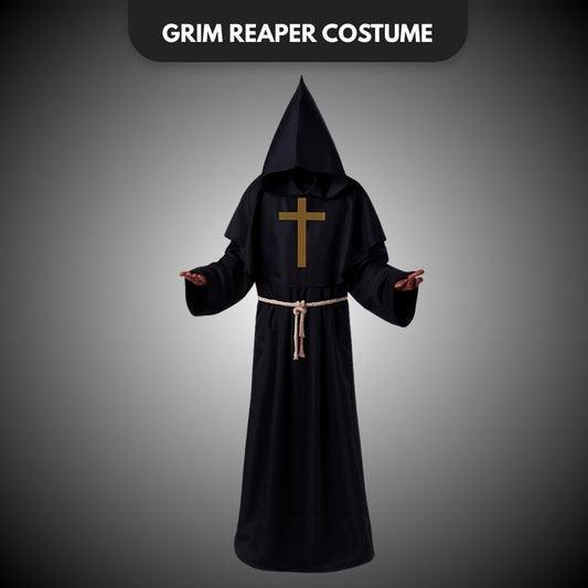 Friar Medieval Hooded Monk Priest Adult Robe Costume with Cross Sign and Rope - Size XL