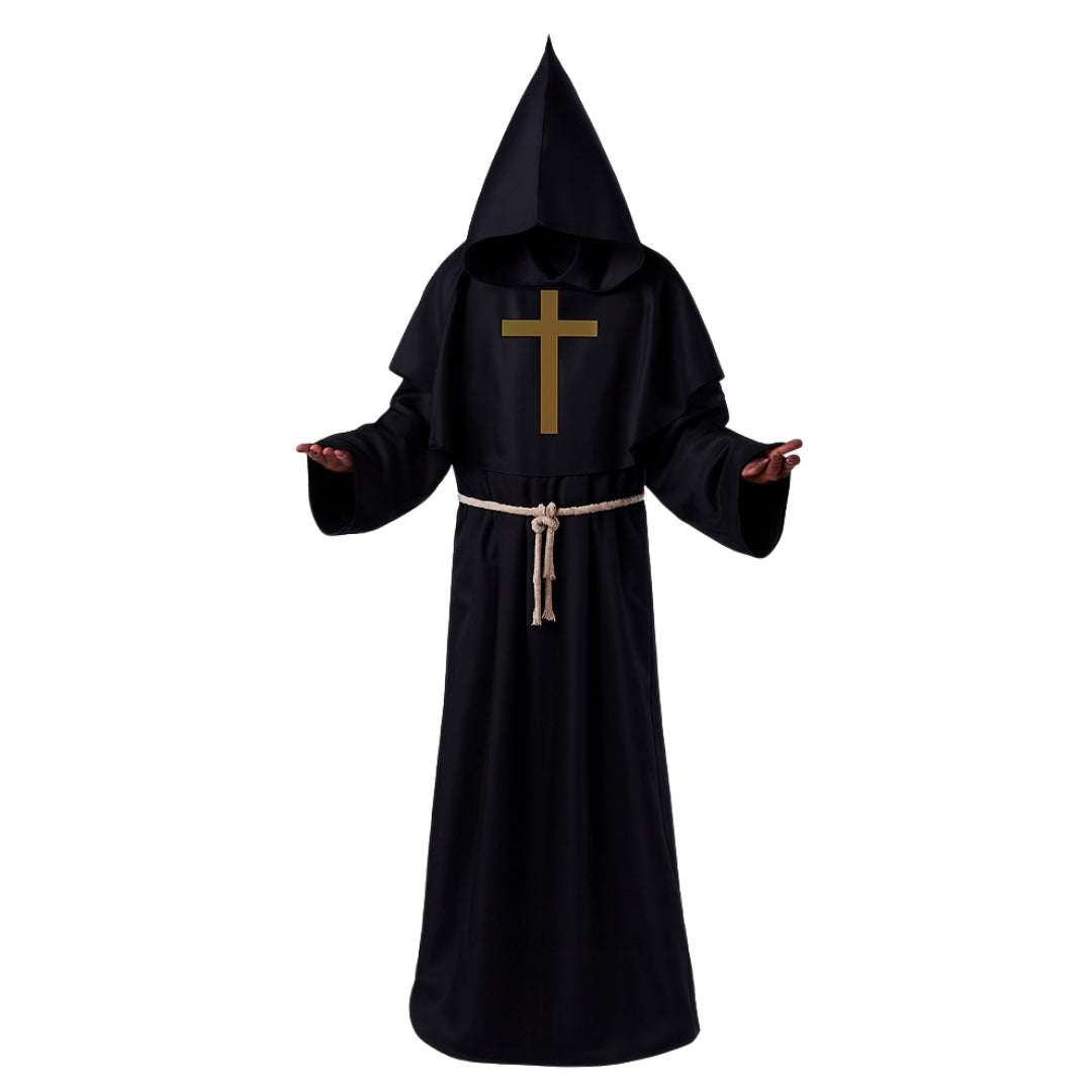 Friar Medieval Hooded Monk Priest Adult Robe Costume with Cross Sign and Rope - Size XL