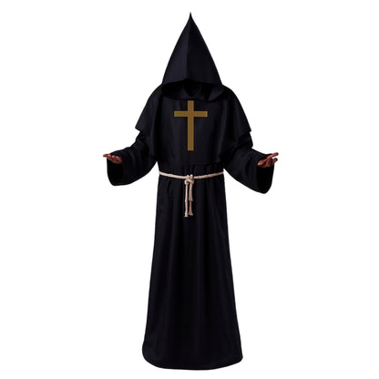 Friar Medieval Hooded Monk Priest Adult Robe Costume with Cross Sign and Rope - Size XL