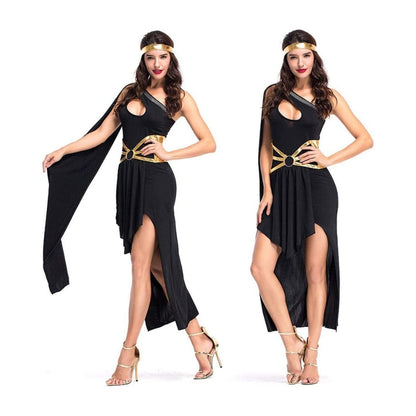 Fancy Greek Goddess Black Halloween Costume w/ Golden Belt for Women