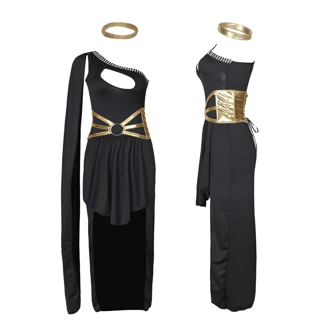 Fancy Greek Goddess Black Halloween Costume w/ Golden Belt for Women