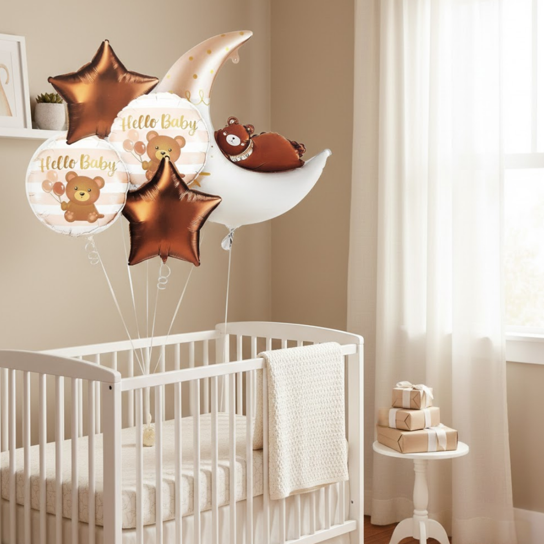 Hello Baby Teddy Bear & Stars Balloon - 5PC