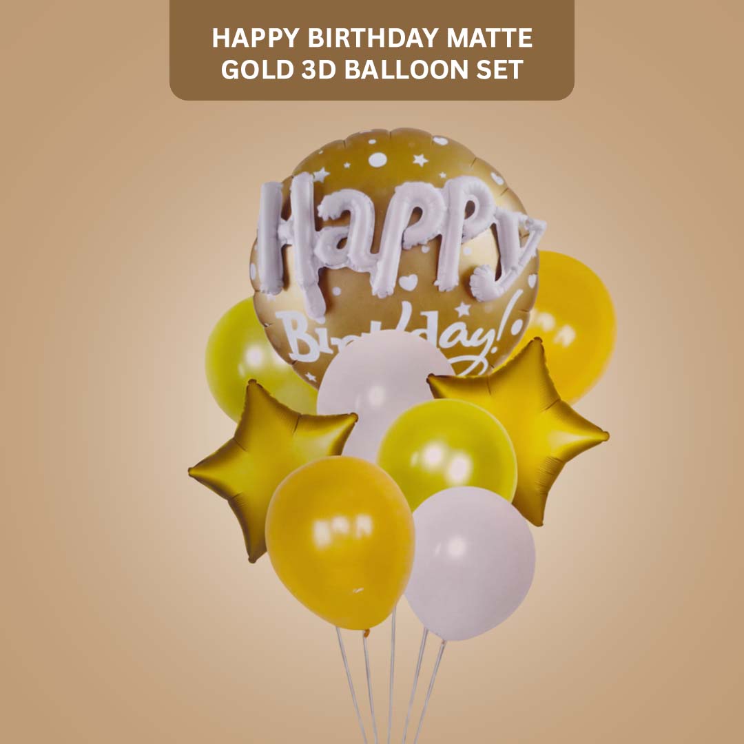 Happy Birthday Matte Gold 3D Balloon Set Pack of 9 | Premium Foil & Latex Balloons | Helium Supported Birthday Decoration Kit