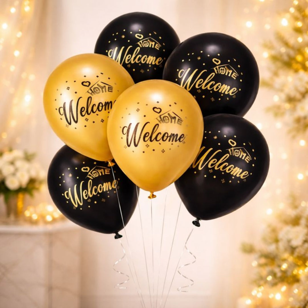 Welcome Home Black & Gold Latex Balloons Pack of 6 (12 Inch) | Printed Party Balloons | Homecoming Decoration