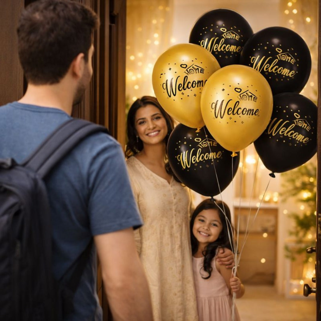 Welcome Home Black & Gold Latex Balloons Pack of 6 (12 Inch) | Printed Party Balloons | Homecoming Decoration
