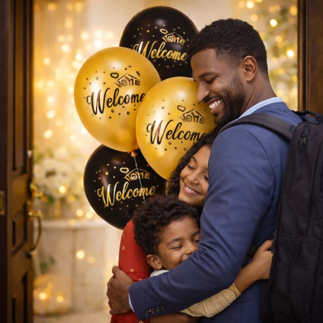 Welcome Home Black & Gold Latex Balloons Pack of 6 (12 Inch) | Printed Party Balloons | Homecoming Decoration