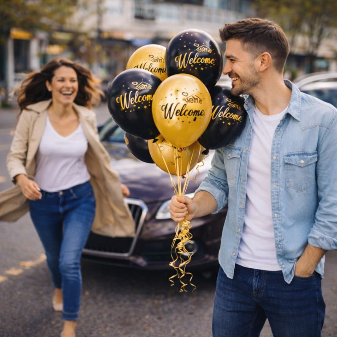 Welcome Home Black & Gold Latex Balloons Pack of 6 (12 Inch) | Printed Party Balloons | Homecoming Decoration