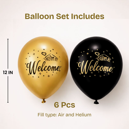 Welcome Home Black & Gold Latex Balloons Pack of 6 (12 Inch) | Printed Party Balloons | Homecoming Decoration