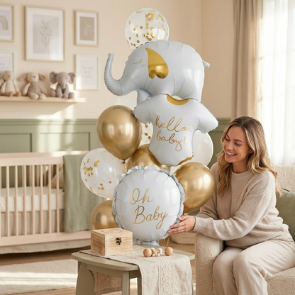 Hello Baby White Elephant Balloon Set Pack of 12 | Baby Shower Decoration Balloons | Neutral Gold & White Theme for Newborn Celebration