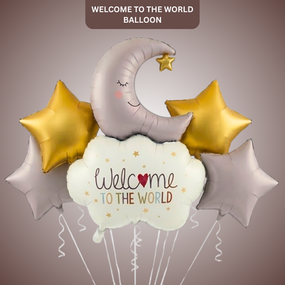 Welcome to the World Baby Balloon Set of 5 | Newborn Arrival Decoration | Moon & Stars Theme Baby Shower Balloons