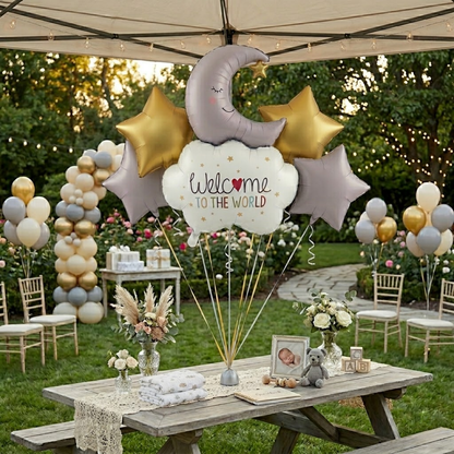 Welcome to the World Baby Balloon Set of 5 | Newborn Arrival Decoration | Moon & Stars Theme Baby Shower Balloons