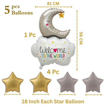 Welcome to the World Baby Balloon Set of 5 | Newborn Arrival Decoration | Moon & Stars Theme Baby Shower Balloons