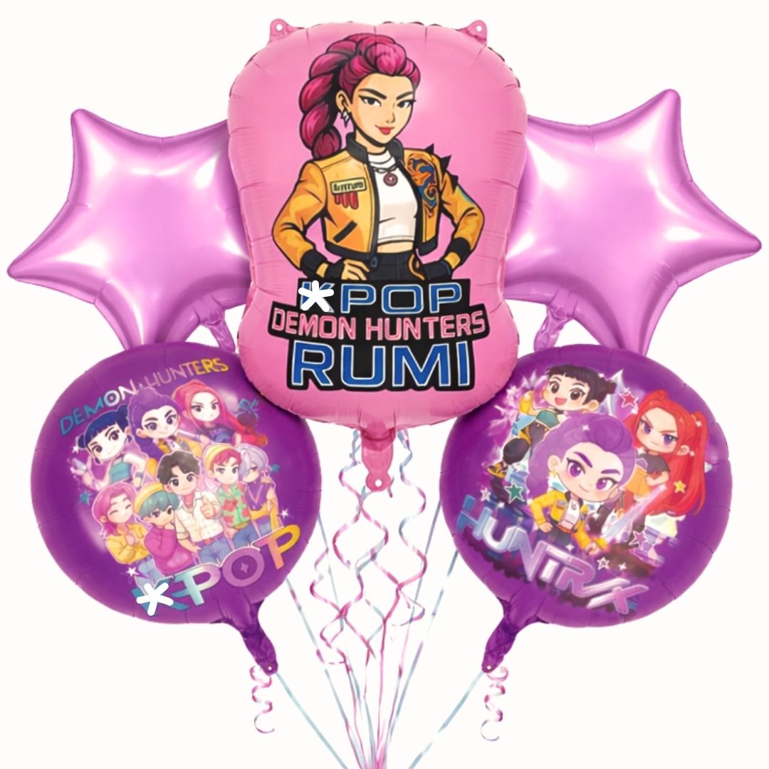 Korean Pop Demon Huntrix Theme Foil Balloon Set of 5 | Music Theme Party Balloons | Kids Birthday Decoration