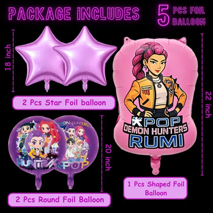 Korean Pop Demon Huntrix Theme Foil Balloon Set of 5 | Music Theme Party Balloons | Kids Birthday Decoration
