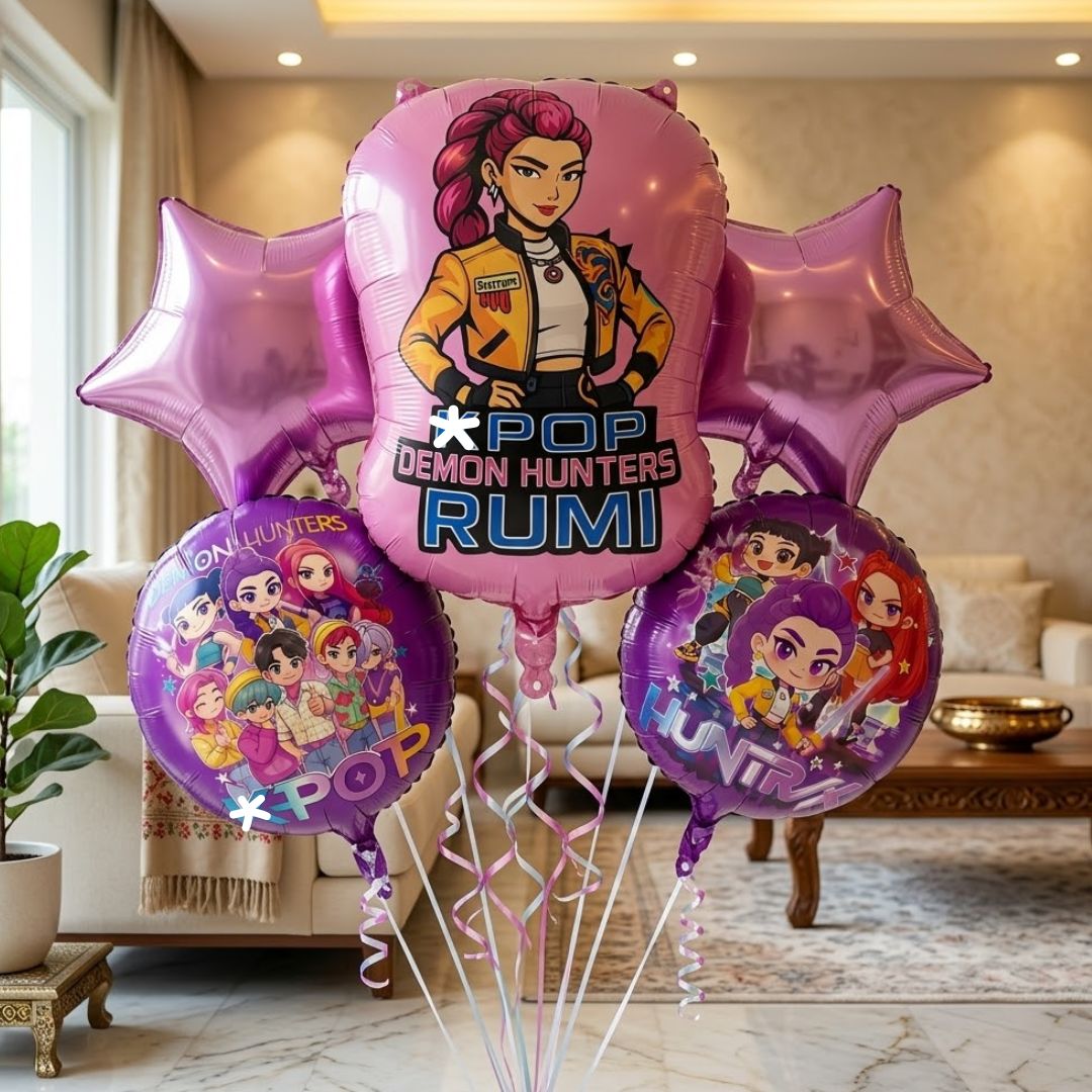 Korean Pop Demon Huntrix Theme Foil Balloon Set of 5 | Music Theme Party Balloons | Kids Birthday Decoration