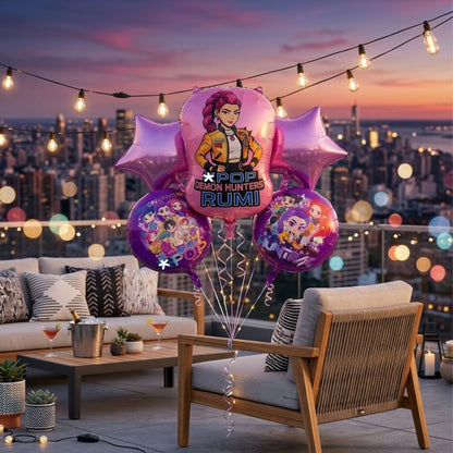 Korean Pop Demon Huntrix Theme Foil Balloon Set of 5 | Music Theme Party Balloons | Kids Birthday Decoration