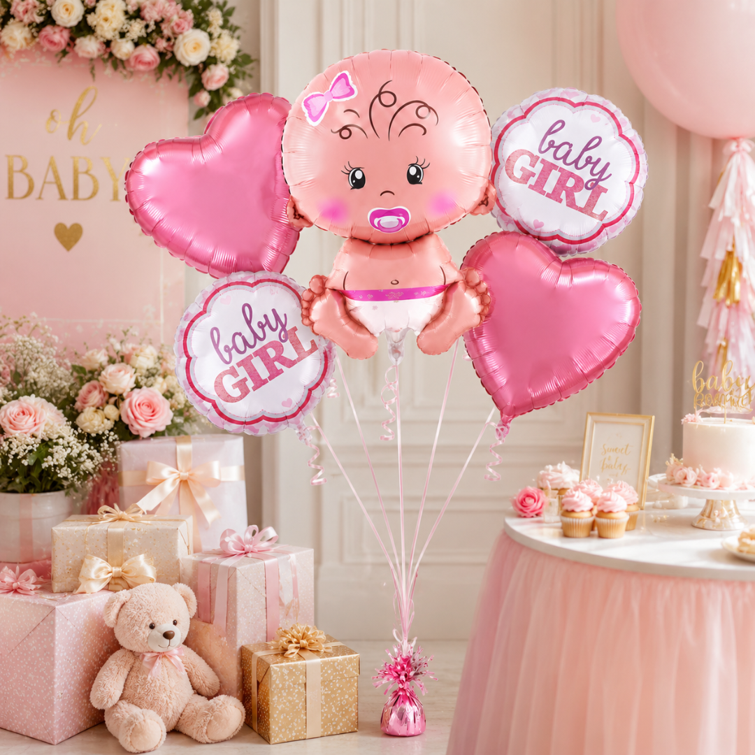 Baby Girl Balloon Bouquet Set – 5 Pcs | Cute Pink Foil Balloons with Baby Face & Hearts for Baby Shower, Welcome Baby & Newborn Room Decoration