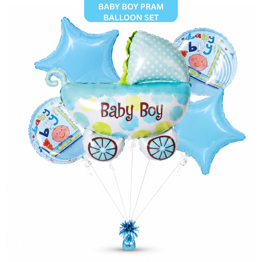 Baby Boy Pram Balloon Bouquet Set – 5 Pcs | Cute Blue Baby Carriage Foil Balloons for Baby Shower, Welcome Baby & Newborn Room Decoration