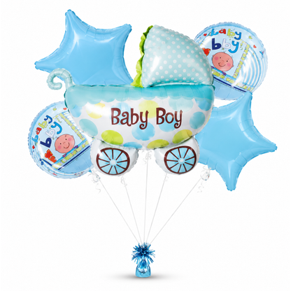 Baby Boy Pram Balloon Bouquet Set – 5 Pcs | Cute Blue Baby Carriage Foil Balloons for Baby Shower, Welcome Baby & Newborn Room Decoration
