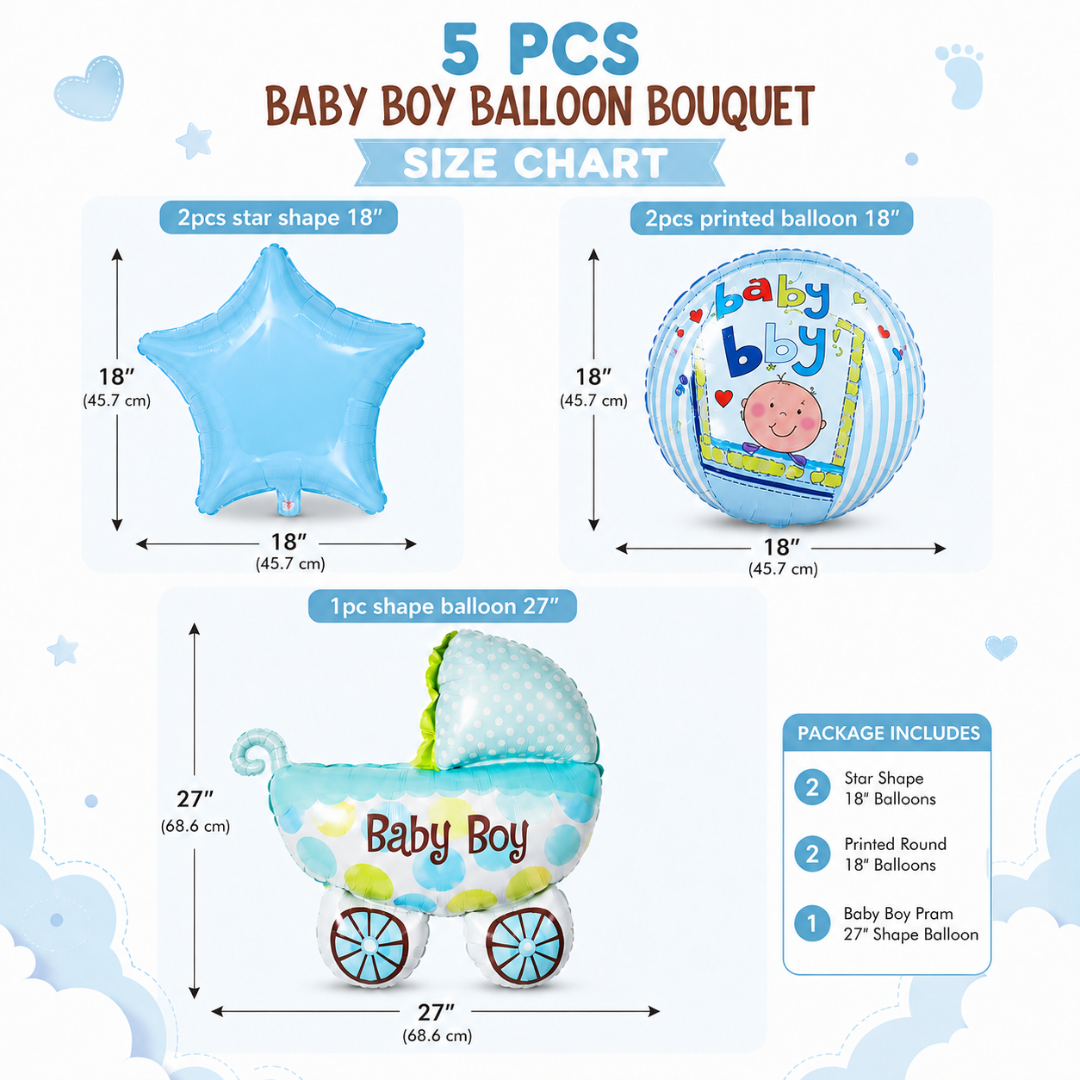 Baby Boy Pram Balloon Bouquet Set – 5 Pcs | Cute Blue Baby Carriage Foil Balloons for Baby Shower, Welcome Baby & Newborn Room Decoration