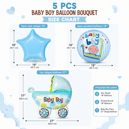 Baby Boy Pram Balloon Bouquet Set – 5 Pcs | Cute Blue Baby Carriage Foil Balloons for Baby Shower, Welcome Baby & Newborn Room Decoration