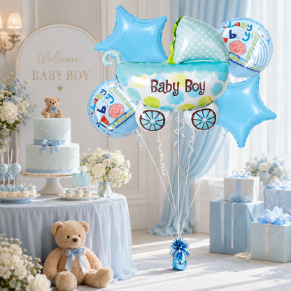 Baby Boy Pram Balloon Bouquet Set – 5 Pcs | Cute Blue Baby Carriage Foil Balloons for Baby Shower, Welcome Baby & Newborn Room Decoration