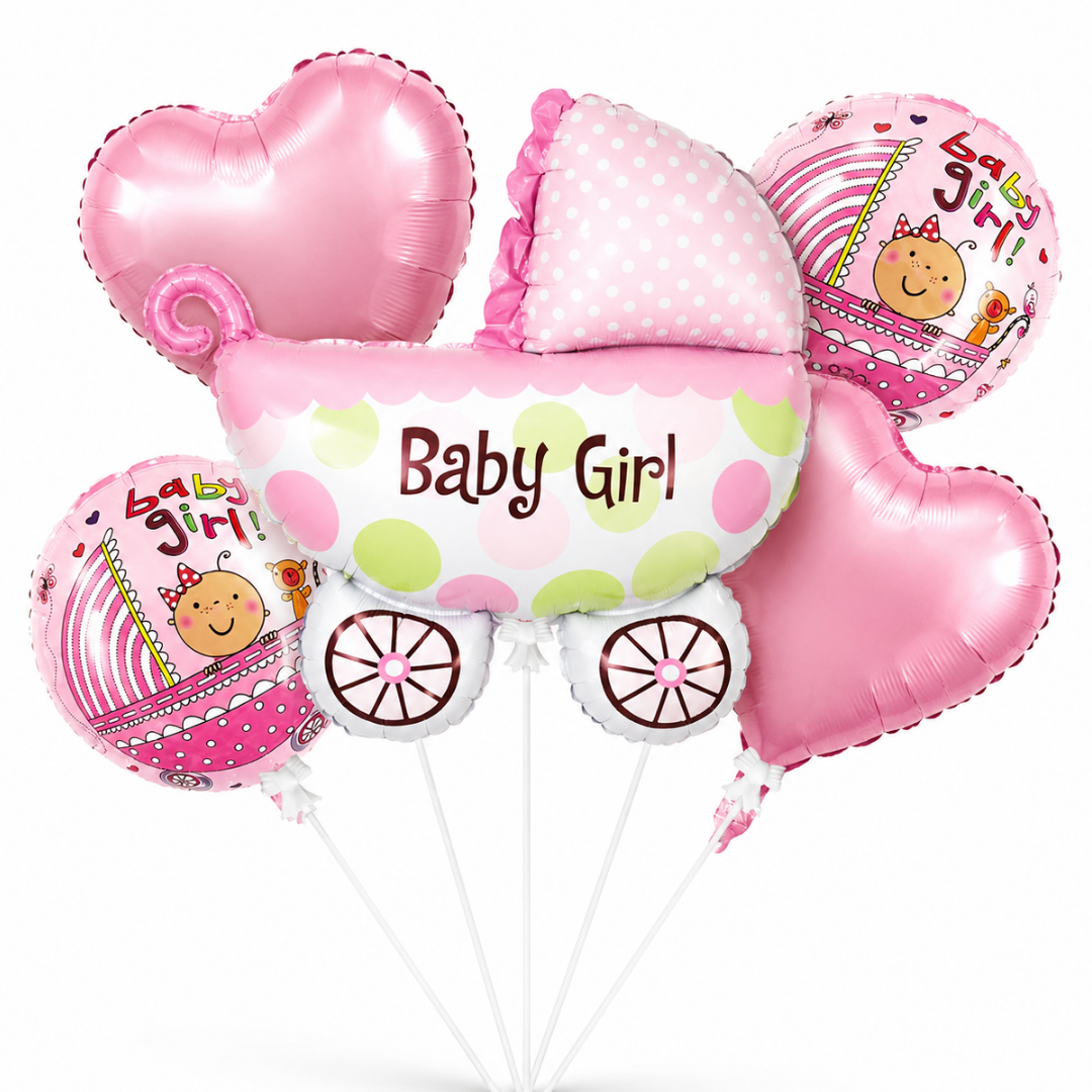 Baby Girl Pram Balloon Bouquet Set – 5 Pcs | Cute Pink Baby Carriage Foil Balloons for Baby Shower, Welcome Baby & Newborn Room Decoration