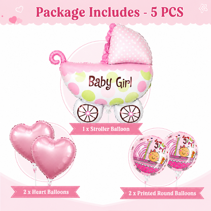 Baby Girl Pram Balloon Bouquet Set – 5 Pcs | Cute Pink Baby Carriage Foil Balloons for Baby Shower, Welcome Baby & Newborn Room Decoration