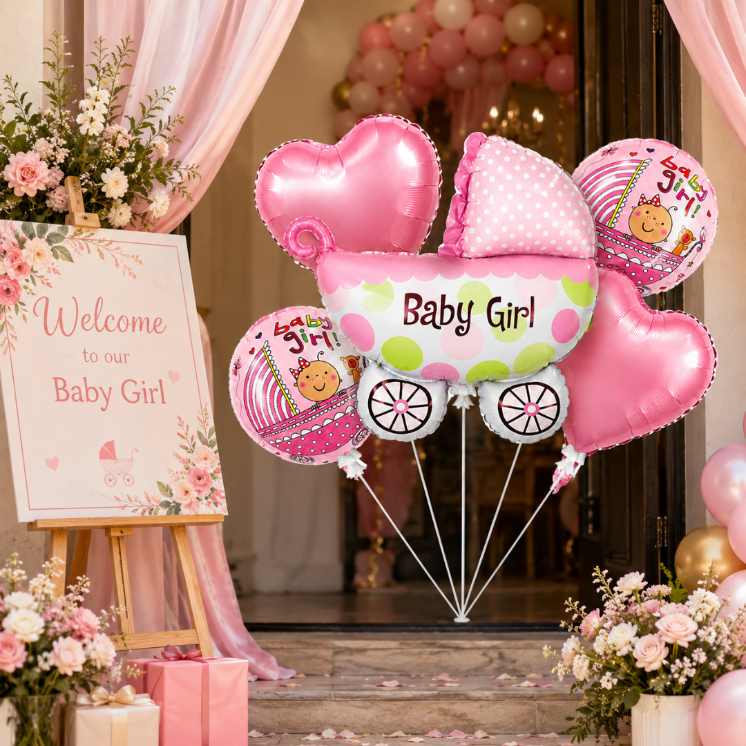 Baby Girl Pram Balloon Bouquet Set – 5 Pcs | Cute Pink Baby Carriage Foil Balloons for Baby Shower, Welcome Baby & Newborn Room Decoration