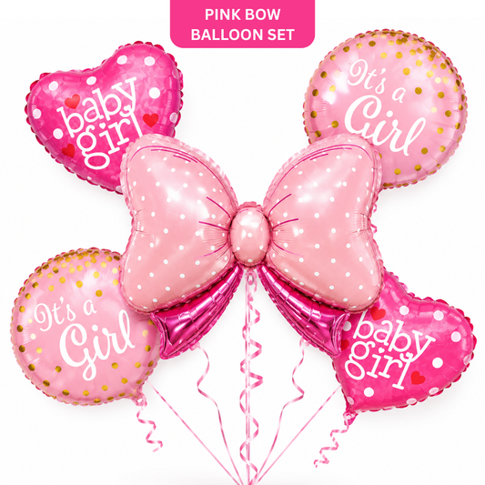 Pink Bow It’s a Girl Balloon Bouquet Set – 5 Pcs | Cute Pink Foil Balloons for Baby Shower, Welcome Baby Girl & Newborn Room Decoration